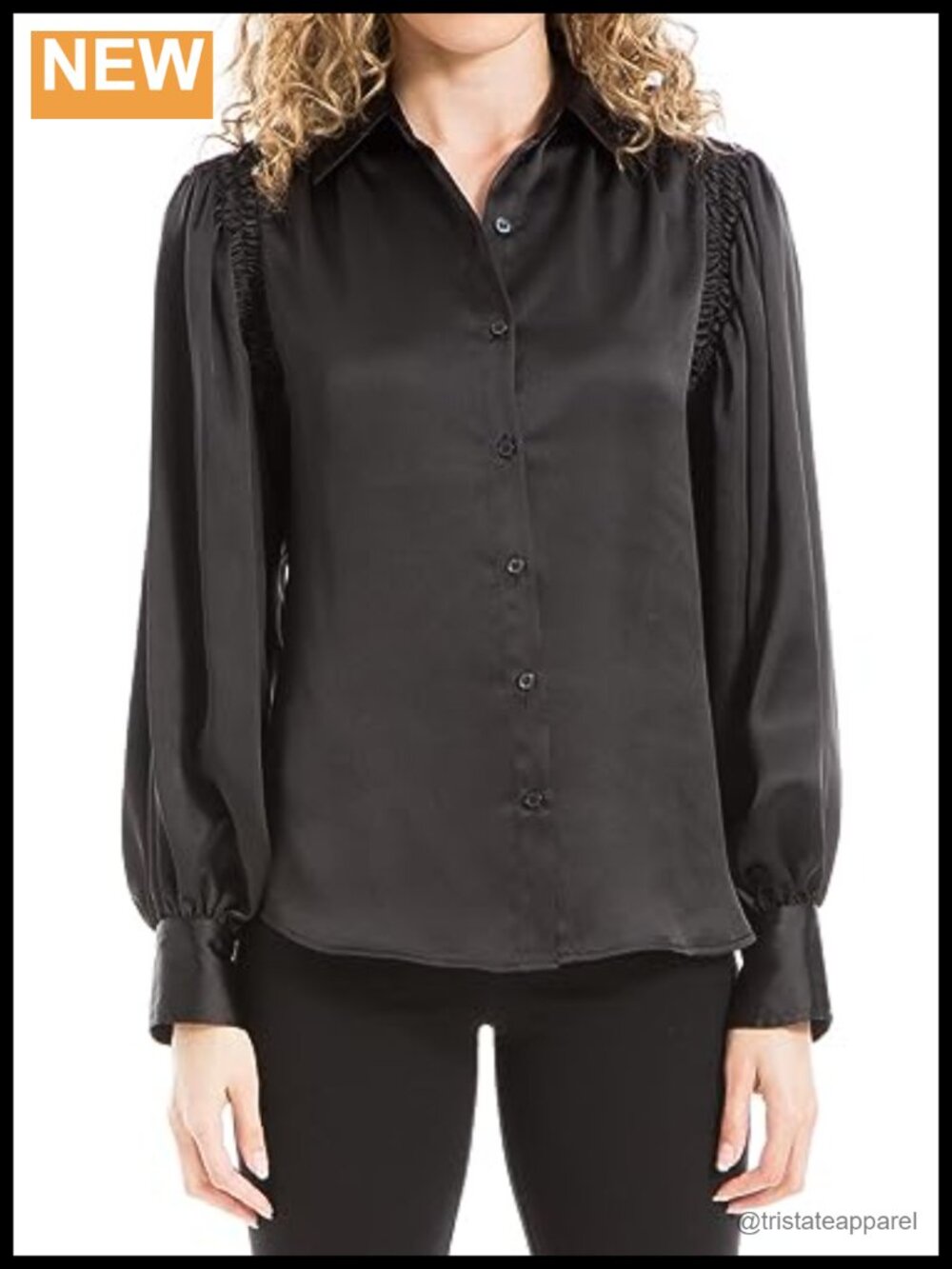 Satin Long Sleeve Button Down Blouse with Collared Neck